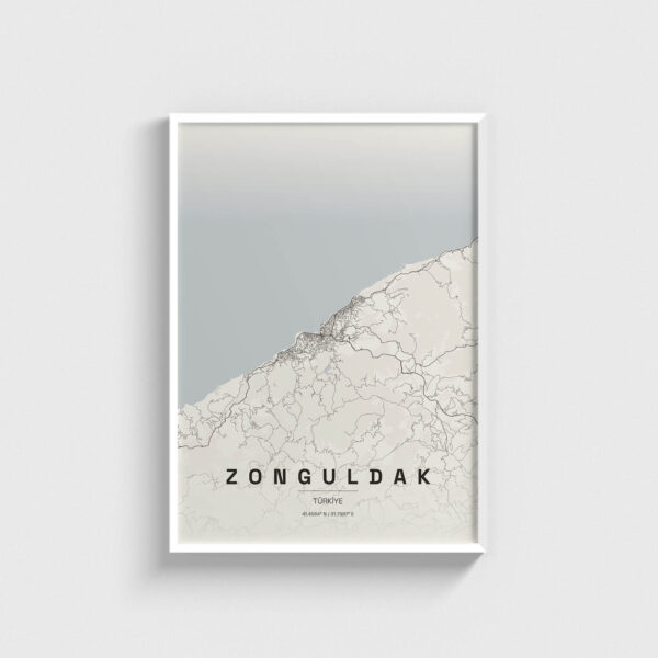 Beyaz çerçeveli Zonguldak şehir haritası posteri, minimalist duvar dekorasyonu.