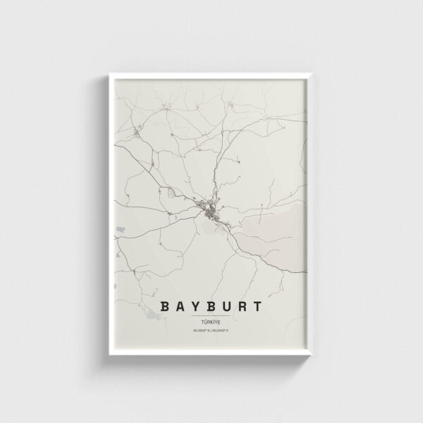 Beyaz çerçeveli Bayburt şehir haritası posteri, minimalist duvar dekorasyonu.