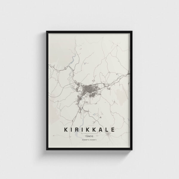 Siyah çerçeveli Kırıkkale şehir haritası posteri, minimalist duvar dekorasyonu.