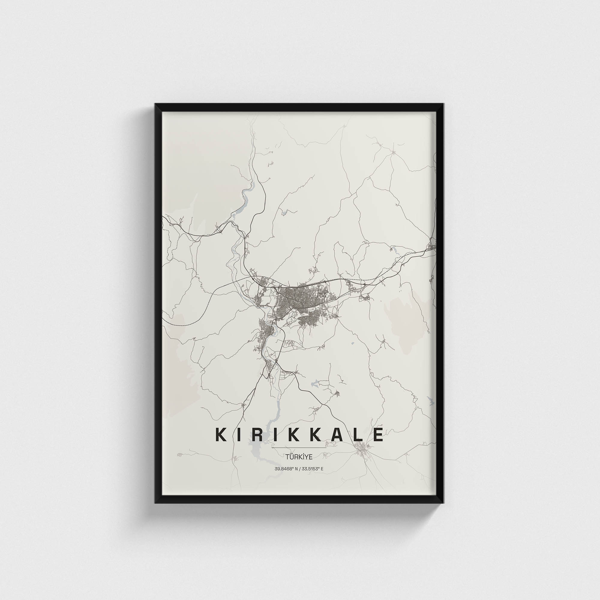 Siyah çerçeveli Kırıkkale şehir haritası posteri, minimalist duvar dekorasyonu.
