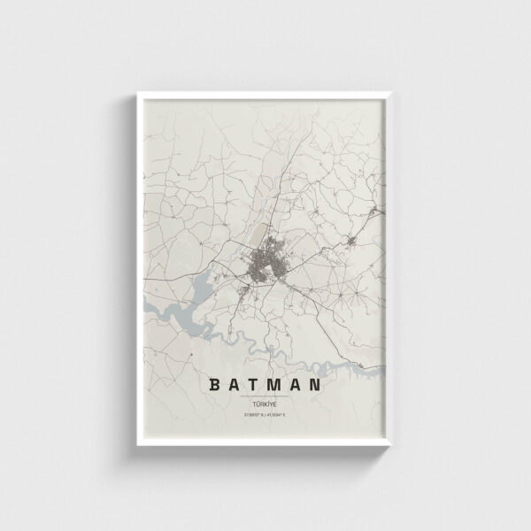 Beyaz çerçeveli Batman şehir haritası posteri, minimalist dekoratif duvar tablosu.