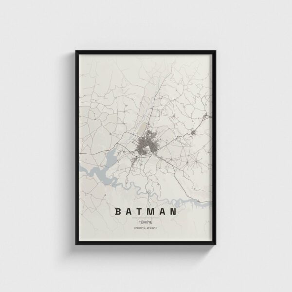 Siyah çerçeveli Batman, Türkiye şehir haritası posteri, minimalist duvar dekorasyonu.