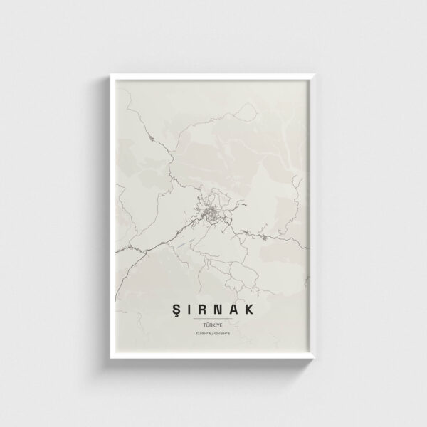 Beyaz çerçeveli Şırnak şehir haritası posteri, minimalist duvar dekorasyonu.