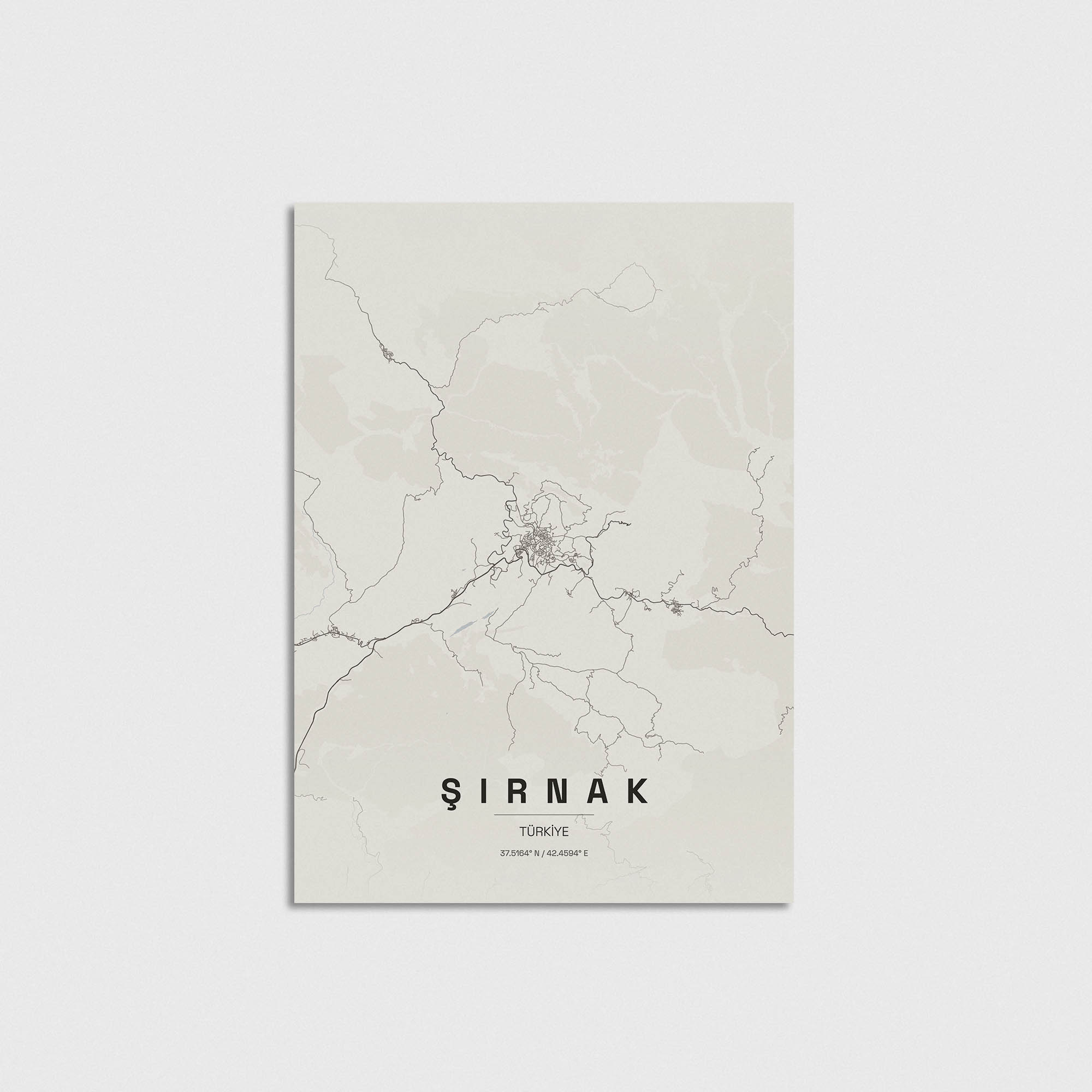 Şırnak şehir haritası minimalist poster tasarımı, modern duvar dekorasyonu için şık ve estetik bir tablo.