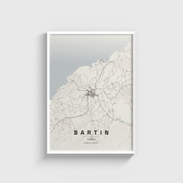 Beyaz çerçeveli Bartın şehir haritası posteri, minimalist duvar dekorasyonu.
