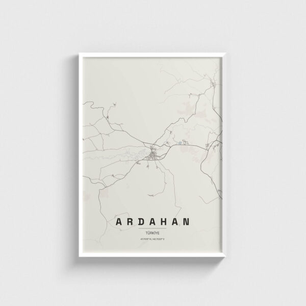 Beyaz çerçeveli Ardahan şehir haritası posteri, minimalist duvar dekorasyonu.