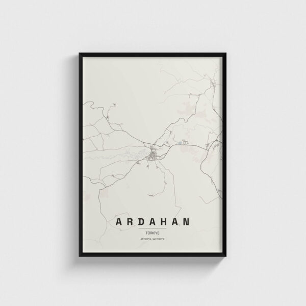Siyah çerçeveli Ardahan şehir haritası posteri, minimalist duvar dekorasyonu.