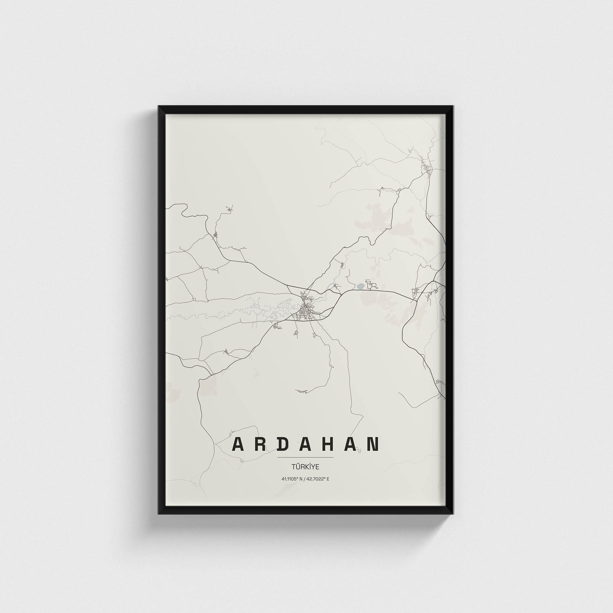Siyah çerçeveli Ardahan şehir haritası posteri, minimalist duvar dekorasyonu.