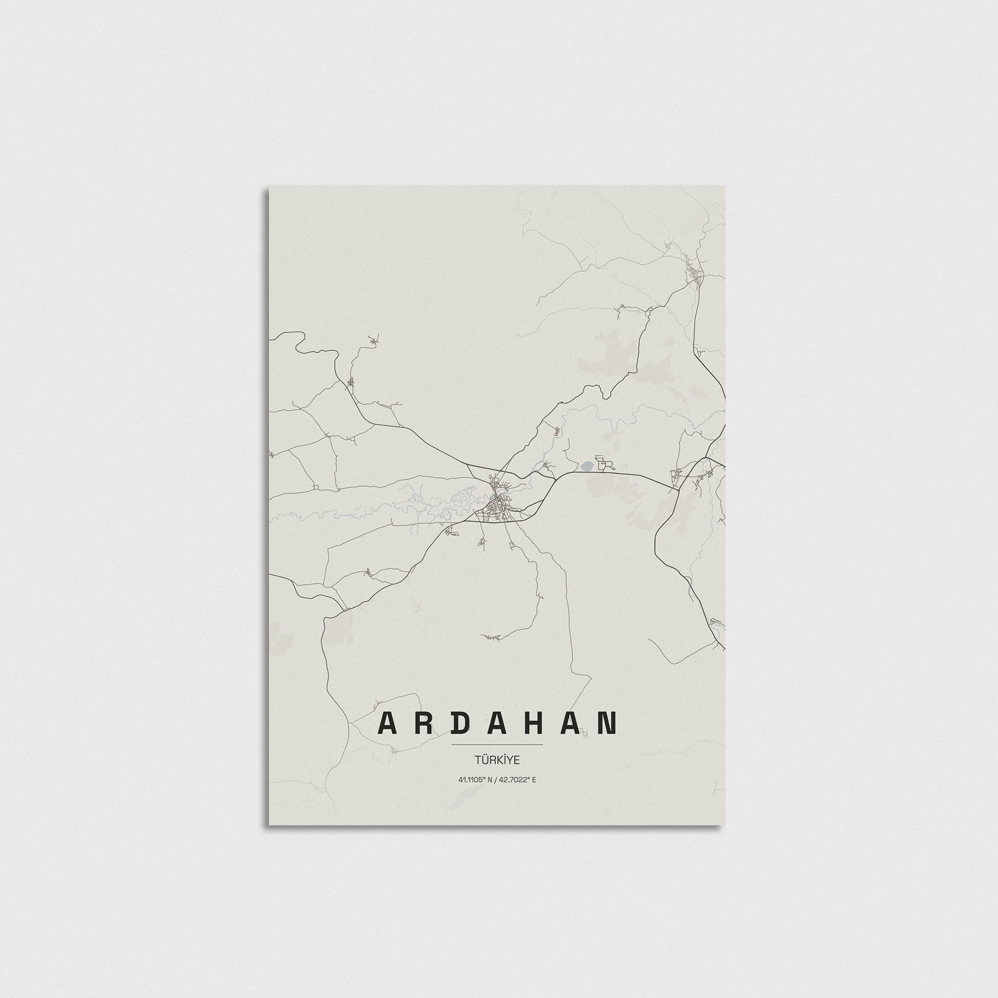Minimalist tasarımlı Ardahan Türkiye şehir haritası posteri, modern duvar dekorasyonu için şık bir tablo tasarımı.