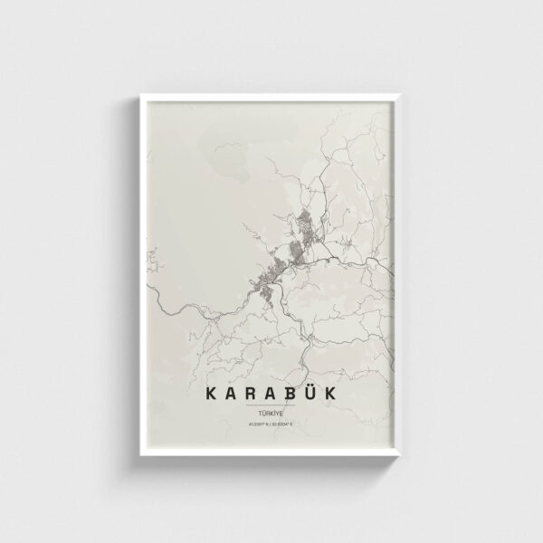 Beyaz çerçeveli modern Karabük şehir haritası posteri, minimalist dekoratif duvar tablosu.