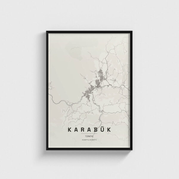 Siyah çerçeveli, minimalist Karabük şehir haritası posteri.