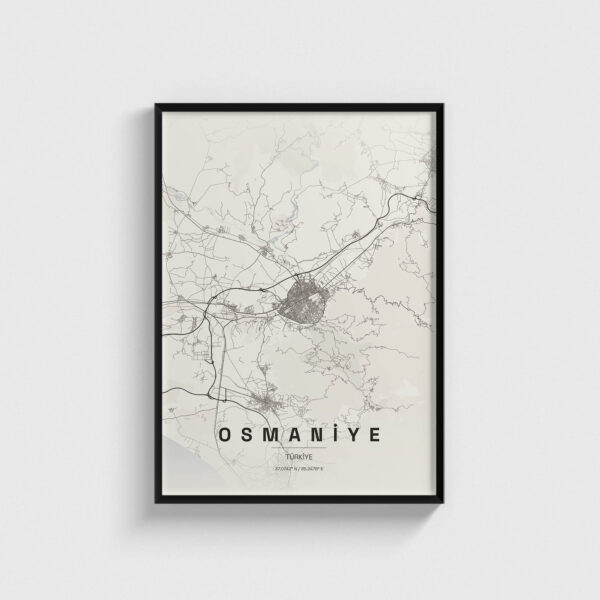 Siyah çerçeveli Osmaniye şehir haritası posteri, minimalist duvar dekorasyonu.