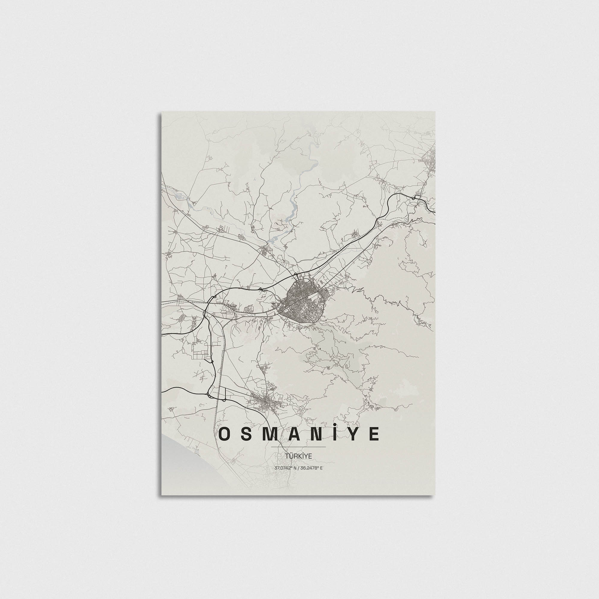 Osmaniye şehir haritası posteri, minimalist tasarım, dekoratif duvar sanatı.