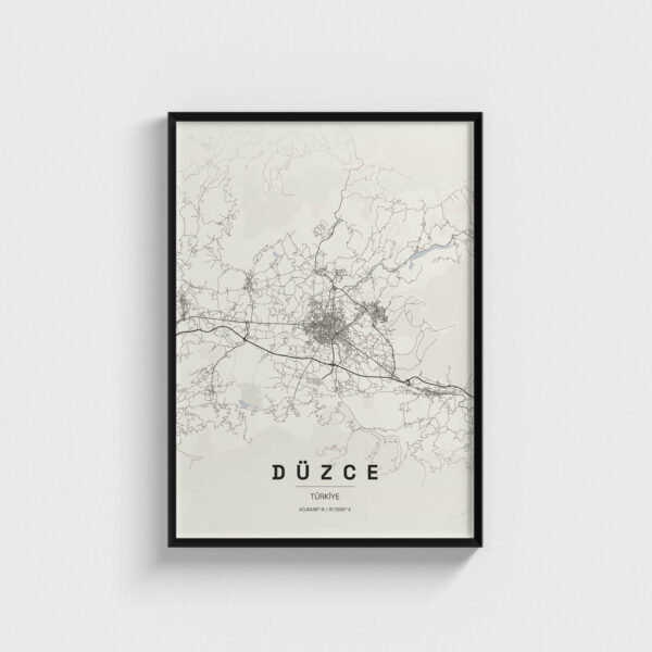 Siyah çerçeveli modern Düzce şehir haritası posteri, minimalist duvar dekorasyonu.