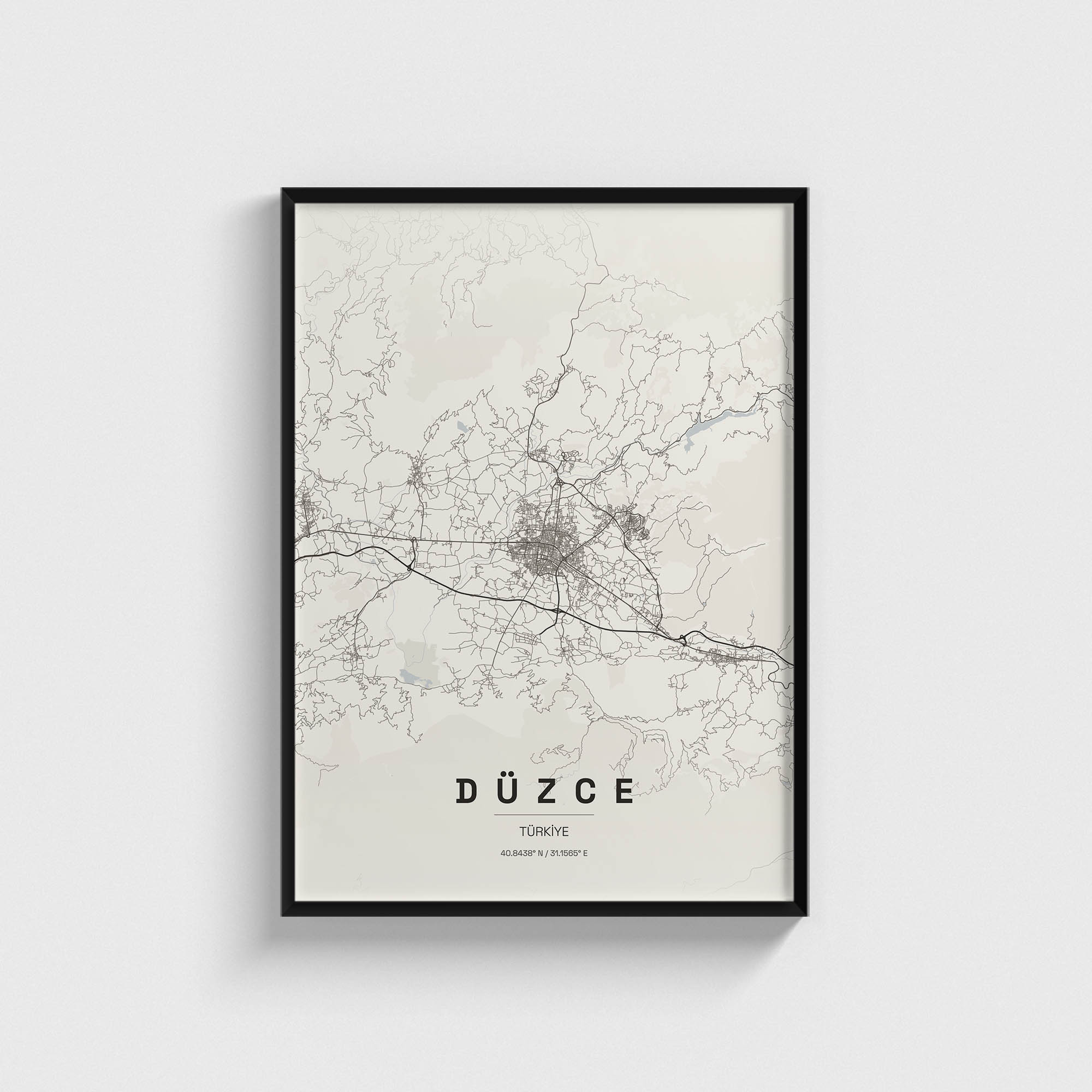 Siyah çerçeveli modern Düzce şehir haritası posteri, minimalist duvar dekorasyonu.