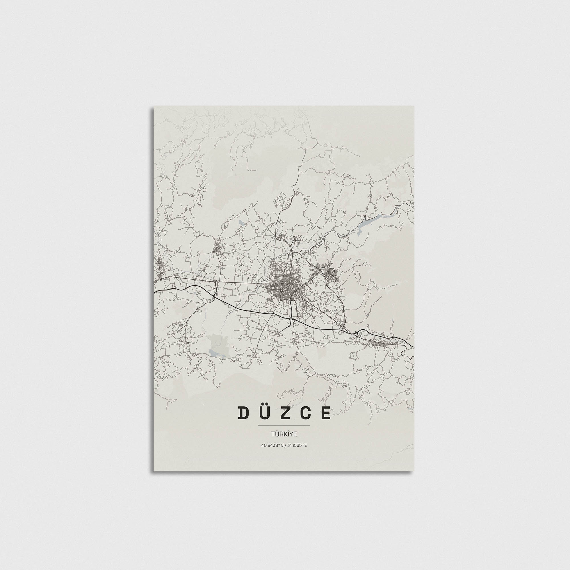 Düzce şehir haritası tasarımı, minimalist tarzda modern duvar posteri.
