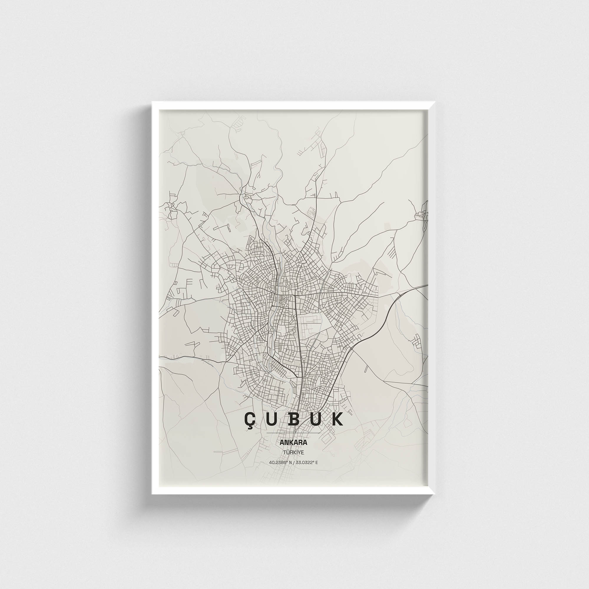 Beyaz çerçeveli Çubuk, Ankara şehir haritası posteri, minimalist duvar dekorasyonu.
