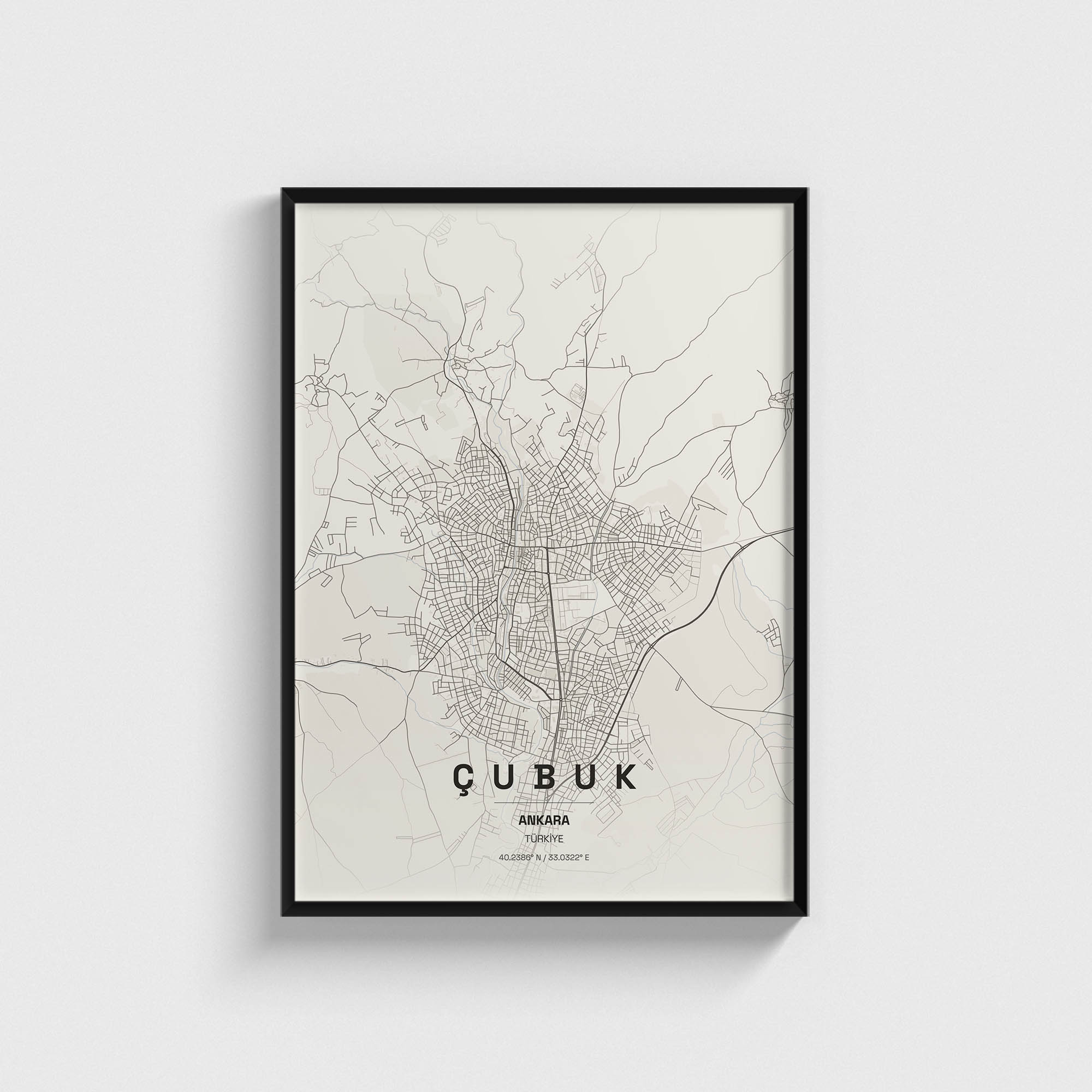 Siyah çerçeveli Çubuk, Ankara şehir haritası posteri, minimalist duvar dekorasyonu.