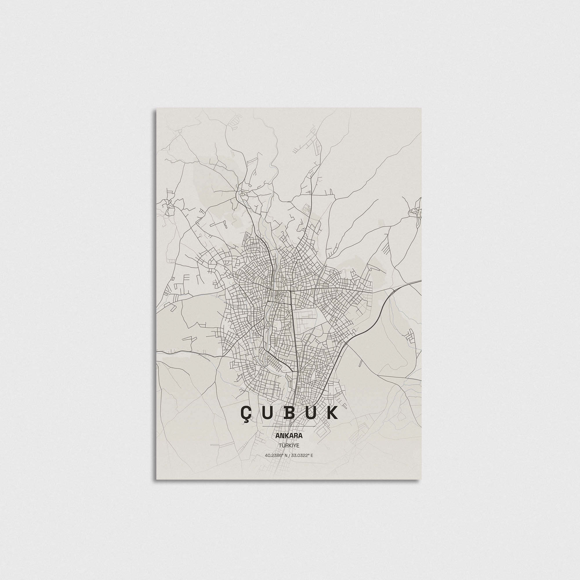 Çubuk Ankara şehir haritası tasarımı, minimalist dekoratif duvar posteri.
