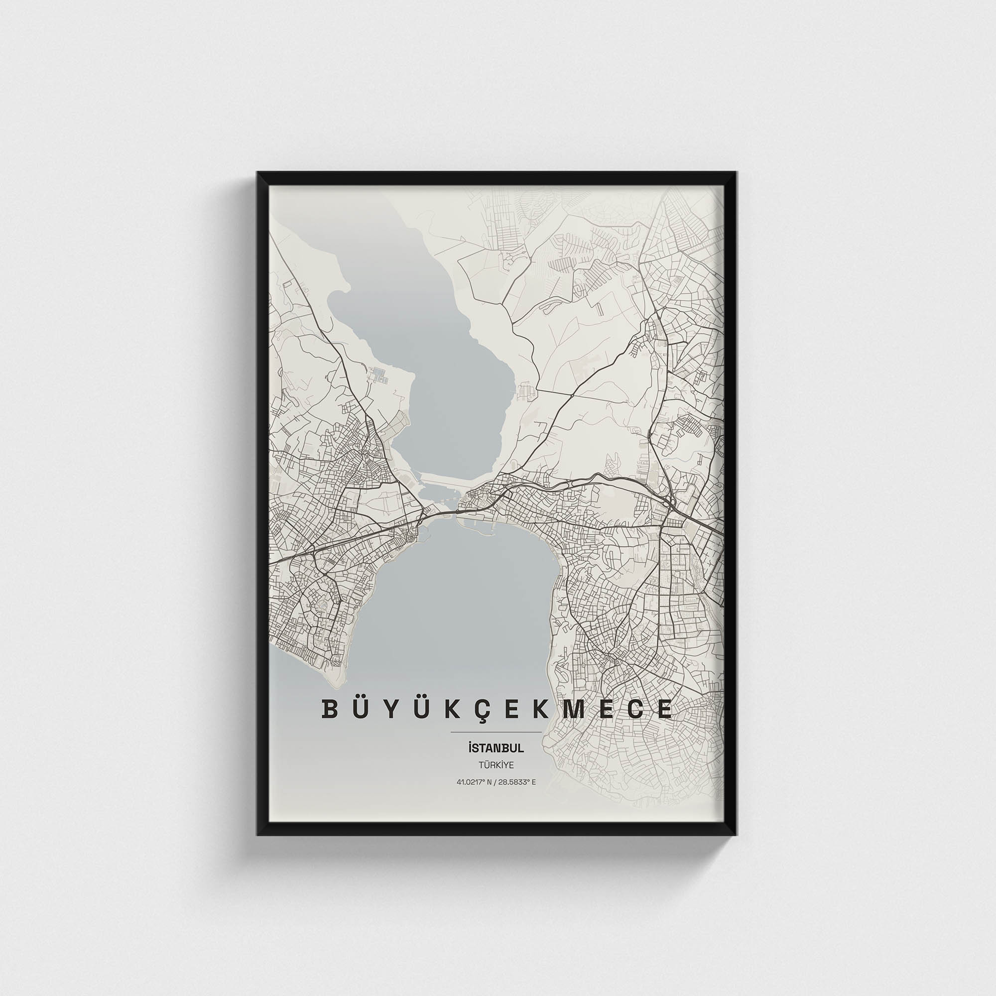 Büyükçekmece, İstanbul şehir haritası baskılı siyah çerçeveli modern duvar tablosu.