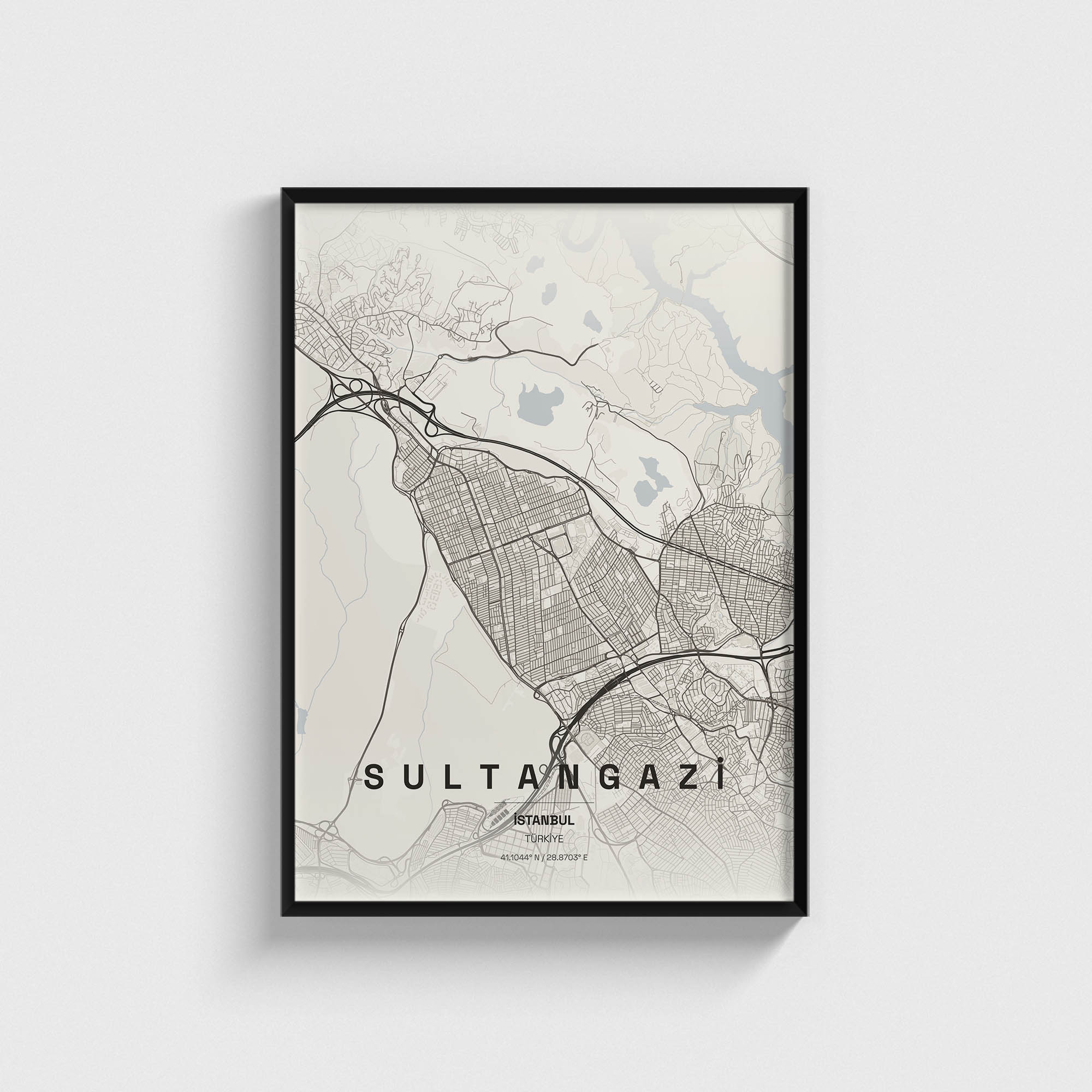 Sultangazi İstanbul siyah çerçeveli harita posteri, modern dekoratif şehir haritası tasarımı.