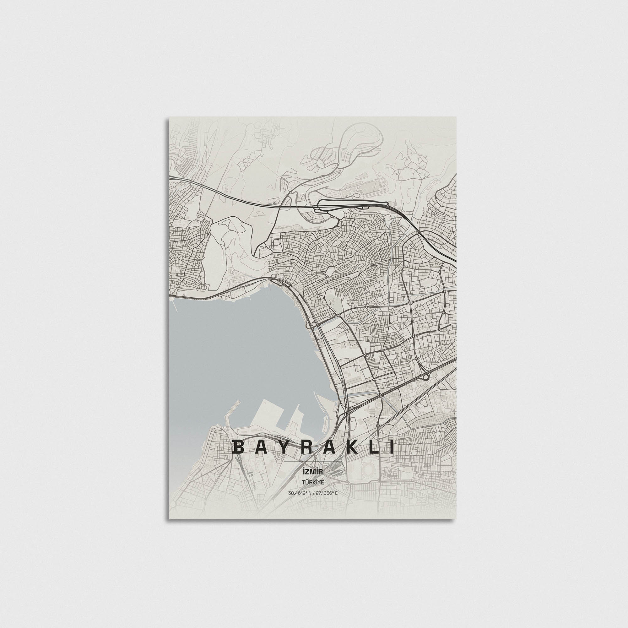 İzmir Bayraklı şehir haritası tasarımı, modern ve minimalist dekoratif poster.