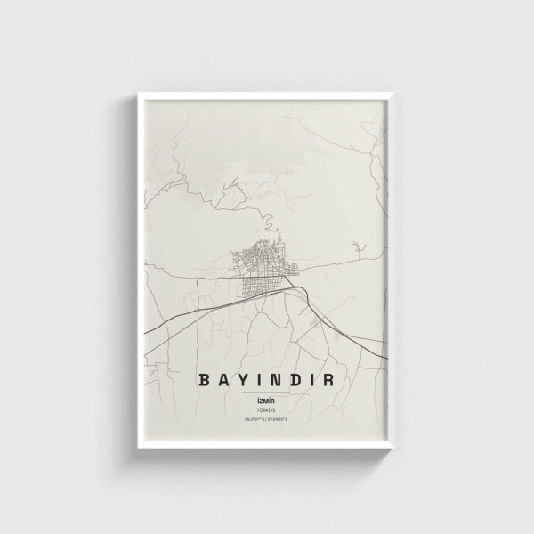 Beyaz çerçeveli Bayındır, İzmir şehir haritası posteri, minimalist duvar dekorasyonu.