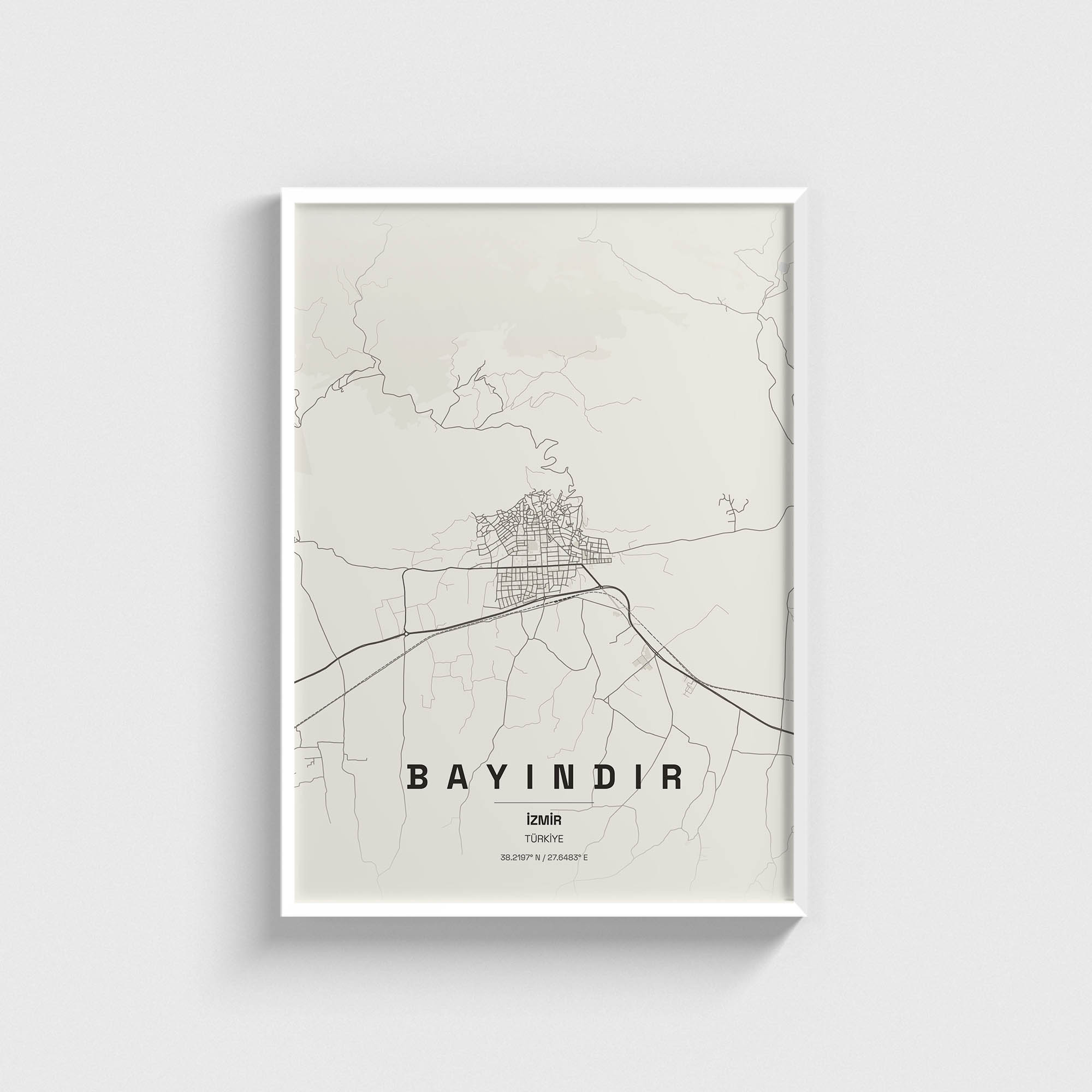 Beyaz çerçeveli Bayındır, İzmir şehir haritası posteri, minimalist duvar dekorasyonu.