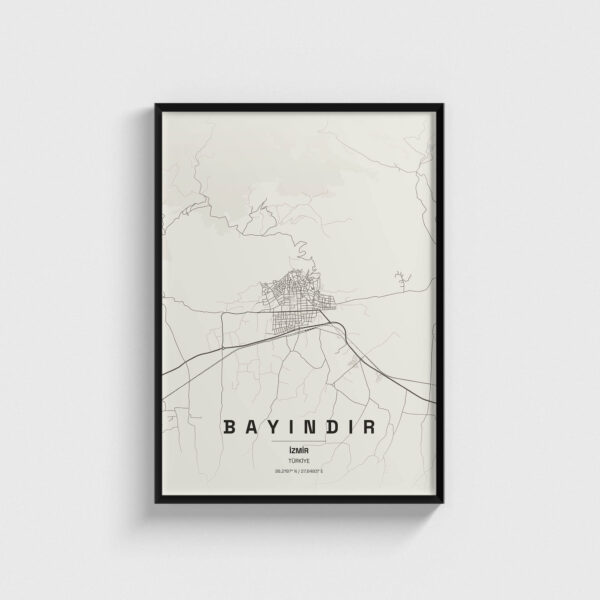 Siyah çerçeveli, minimalist Bayındır, İzmir haritası posteri.