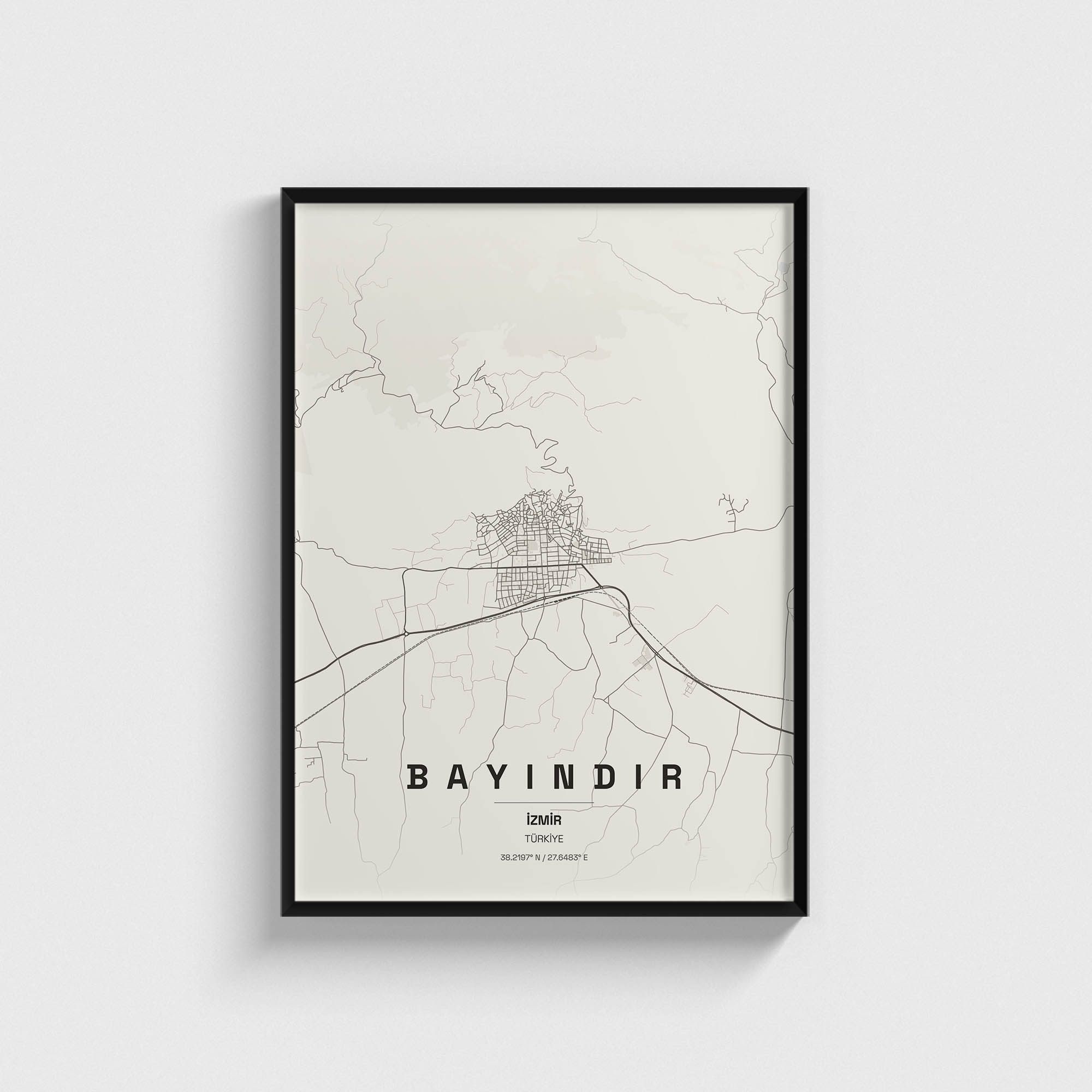 Siyah çerçeveli, minimalist Bayındır, İzmir haritası posteri.