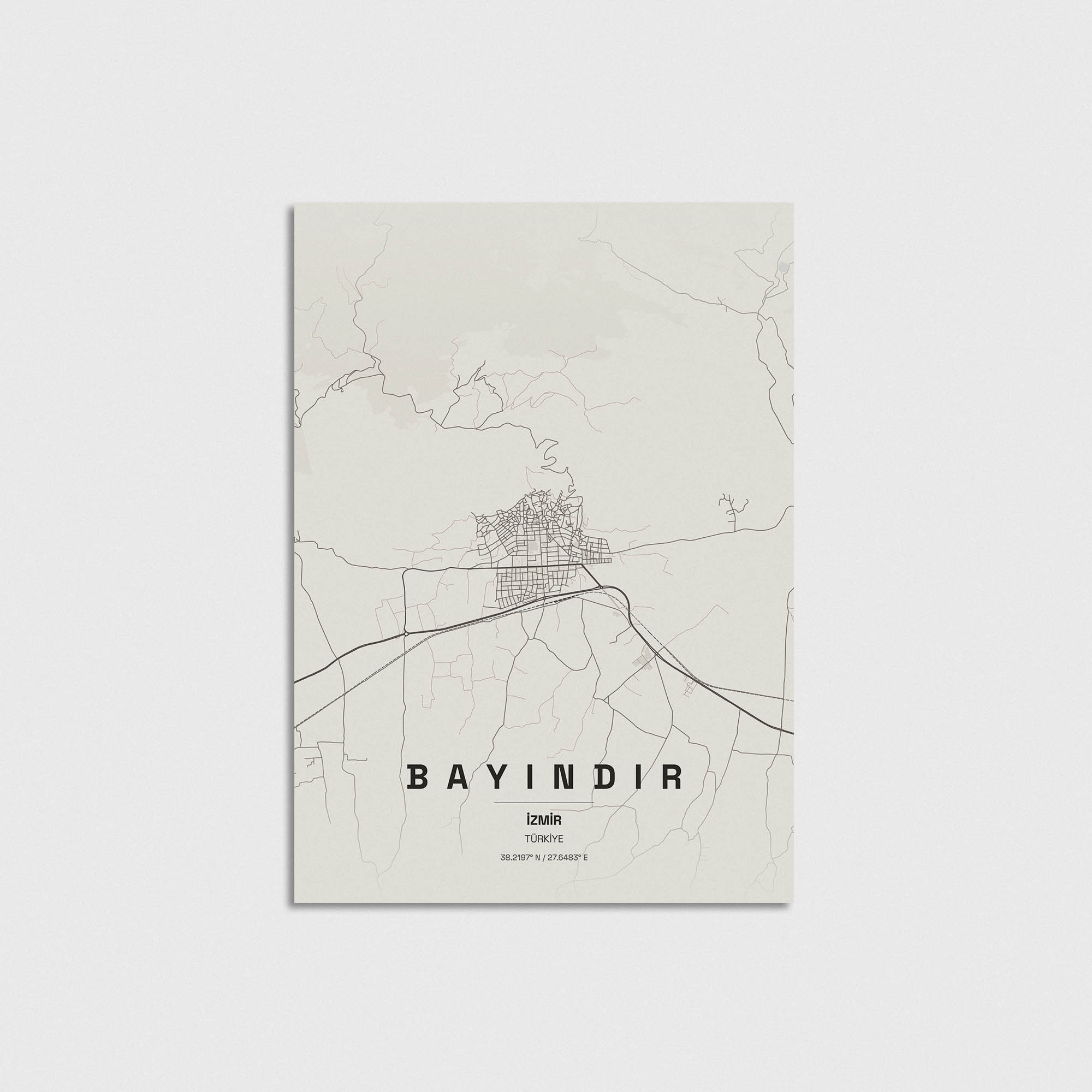 Bayındır İzmir harita posteri, minimalist tasarımlı dekoratif duvar tablosu.