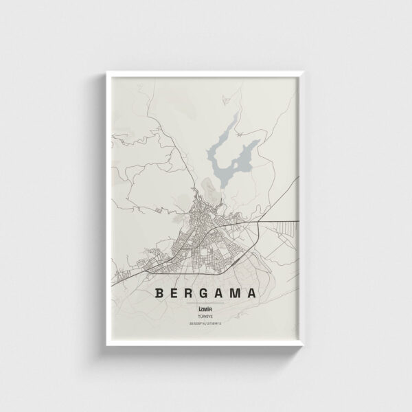 Beyaz çerçeveli Bergama, İzmir şehir haritası posteri, minimalist duvar dekorasyonu.