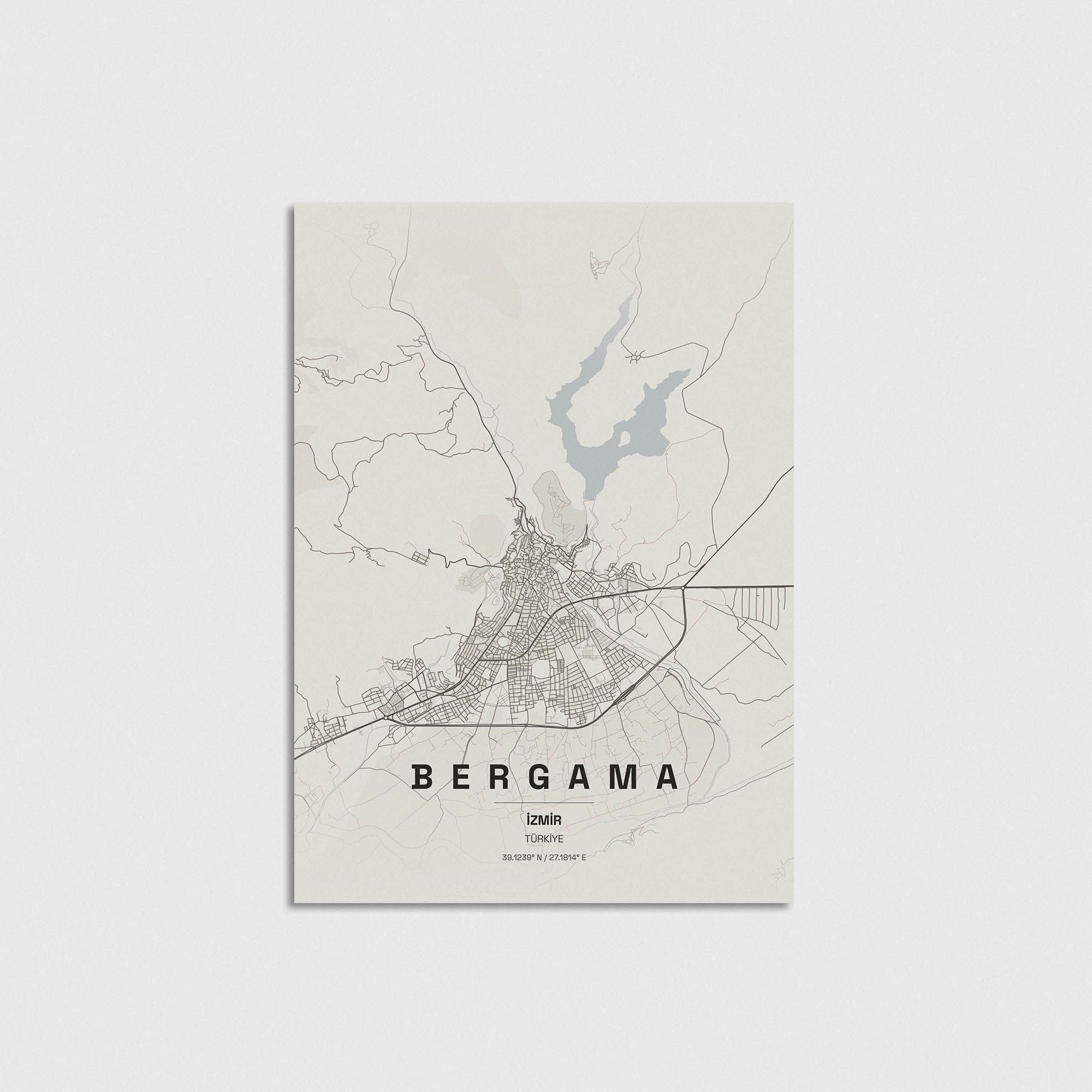 Bergama İzmir şehir haritası posteri, minimalist tasarım duvar dekorasyonu.