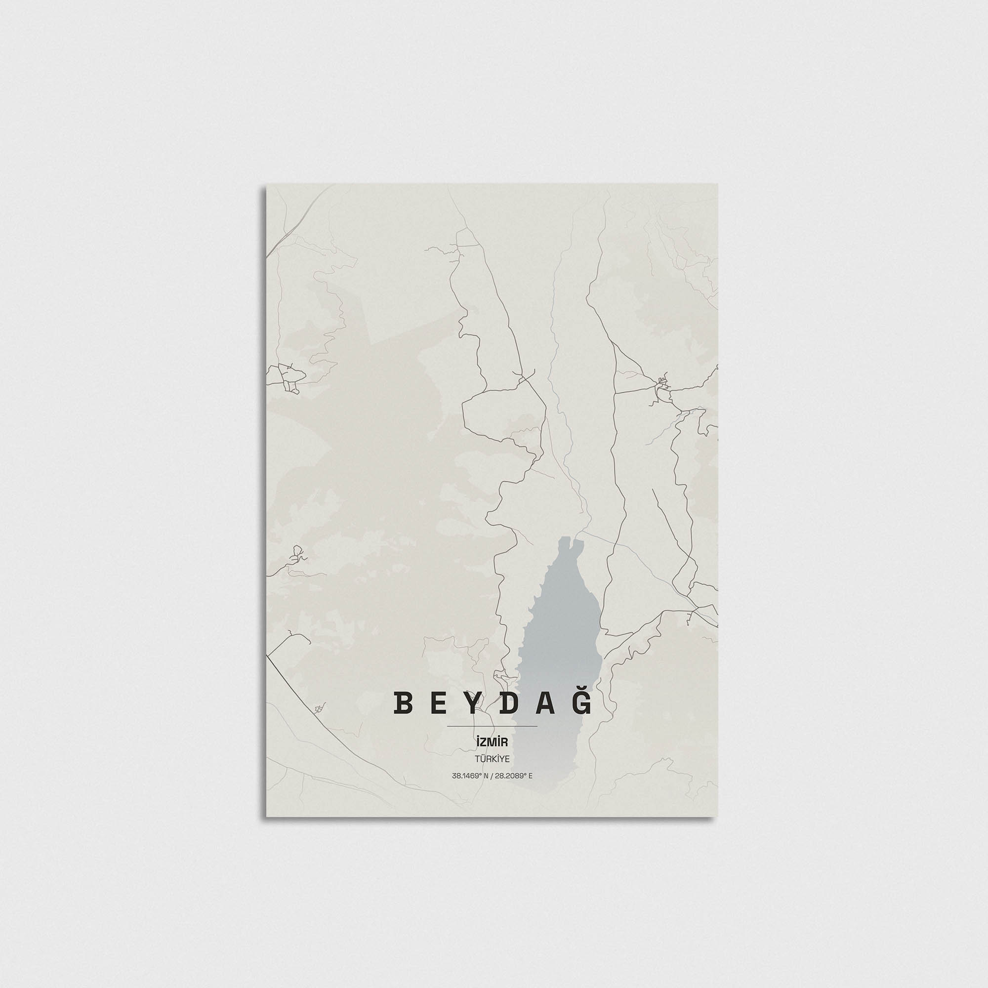 İzmir Beydağ haritası minimalist poster tasarımı, modern duvar dekorasyonu için şık ve estetik bir harita tablosu.
