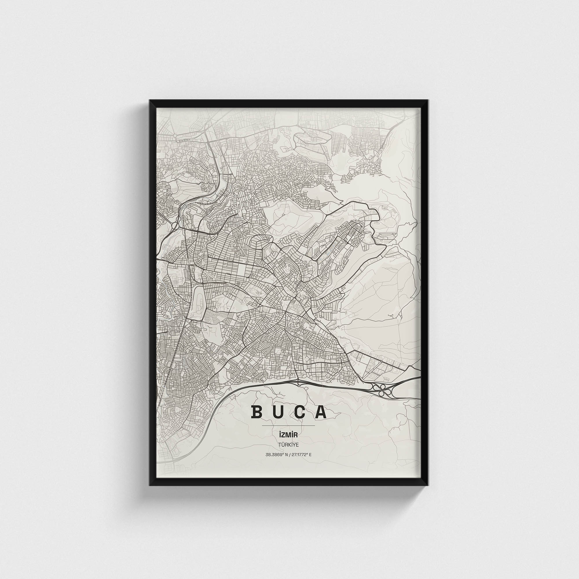 Siyah çerçeveli Buca İzmir şehir haritası posteri, minimalist duvar dekorasyonu.