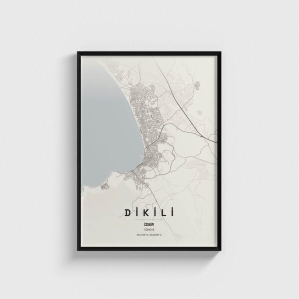 Siyah çerçeveli Dikili, İzmir şehir haritası posteri, modern duvar dekorasyonu.