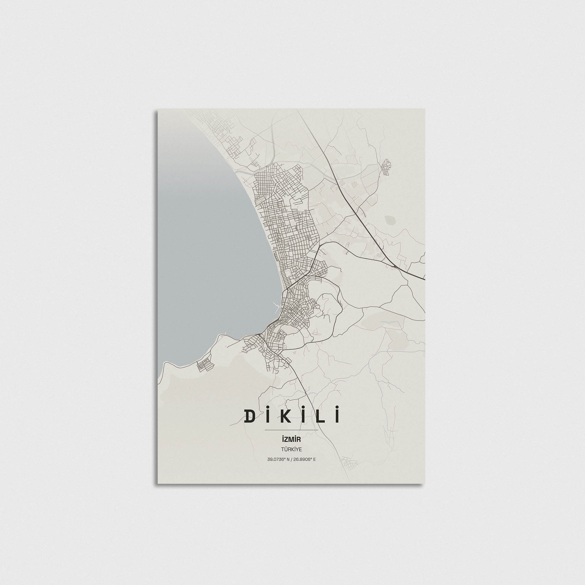 Dikili, İzmir şehir haritası posteri, minimalist tasarım, dekoratif duvar sanatı.