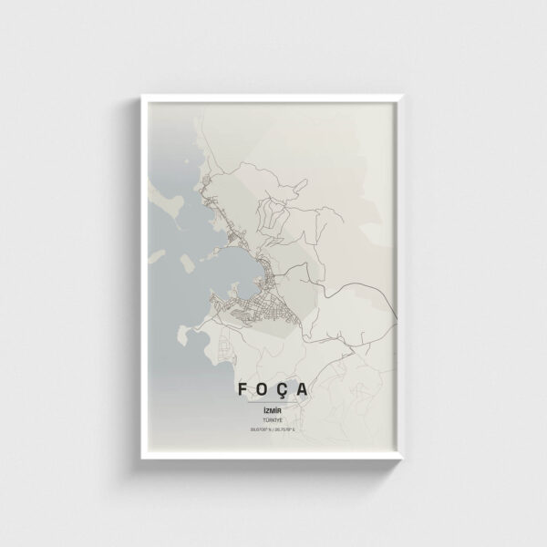 Beyaz çerçeveli Foça, İzmir haritası duvar tablosu, modern dekoratif şehir haritası posteri.