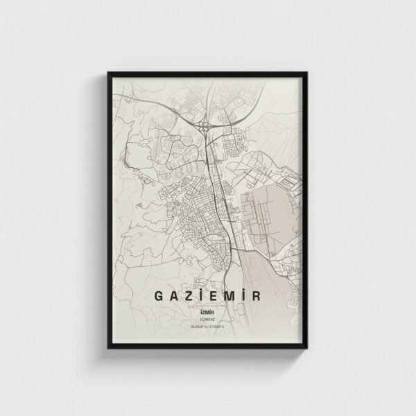 Siyah çerçeveli Gaziemir, İzmir şehir haritası posteri, modern duvar dekorasyonu.