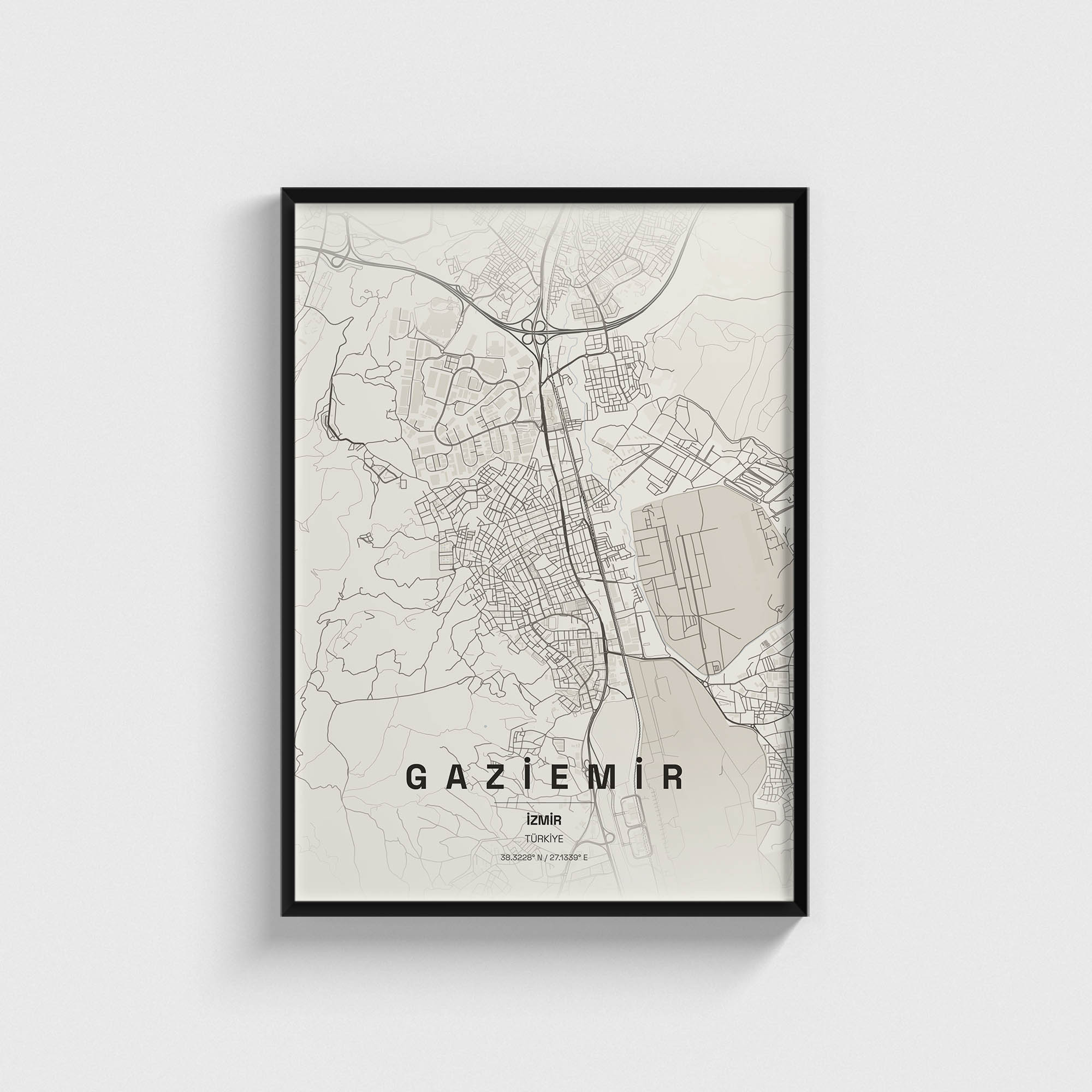 Siyah çerçeveli Gaziemir, İzmir şehir haritası posteri, modern duvar dekorasyonu.