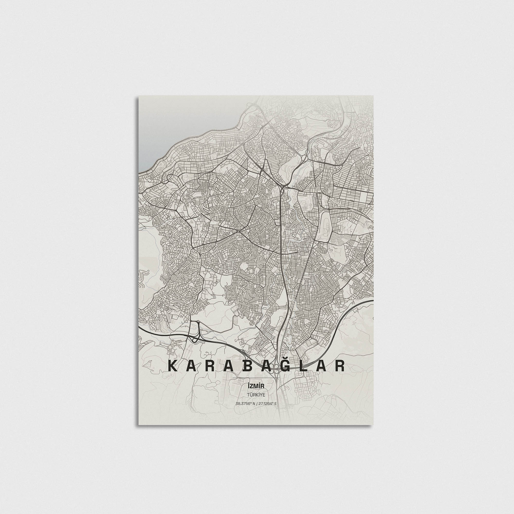 İzmir Karabağlar şehir haritası tasarımı, minimalist tarzdaki dekoratif duvar posteri.