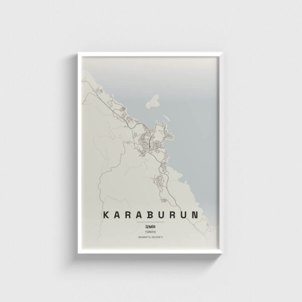 Beyaz çerçeveli İzmir Karaburun harita posteri, minimalist duvar dekorasyonu.