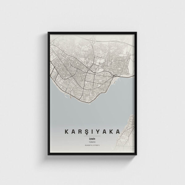 Siyah çerçeveli Karşıyaka İzmir şehir haritası posteri, dekoratif modern duvar tablosu.