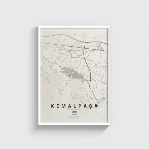 Beyaz çerçeveli Kemalpaşa, İzmir şehir haritası posteri, minimalist duvar dekorasyonu.