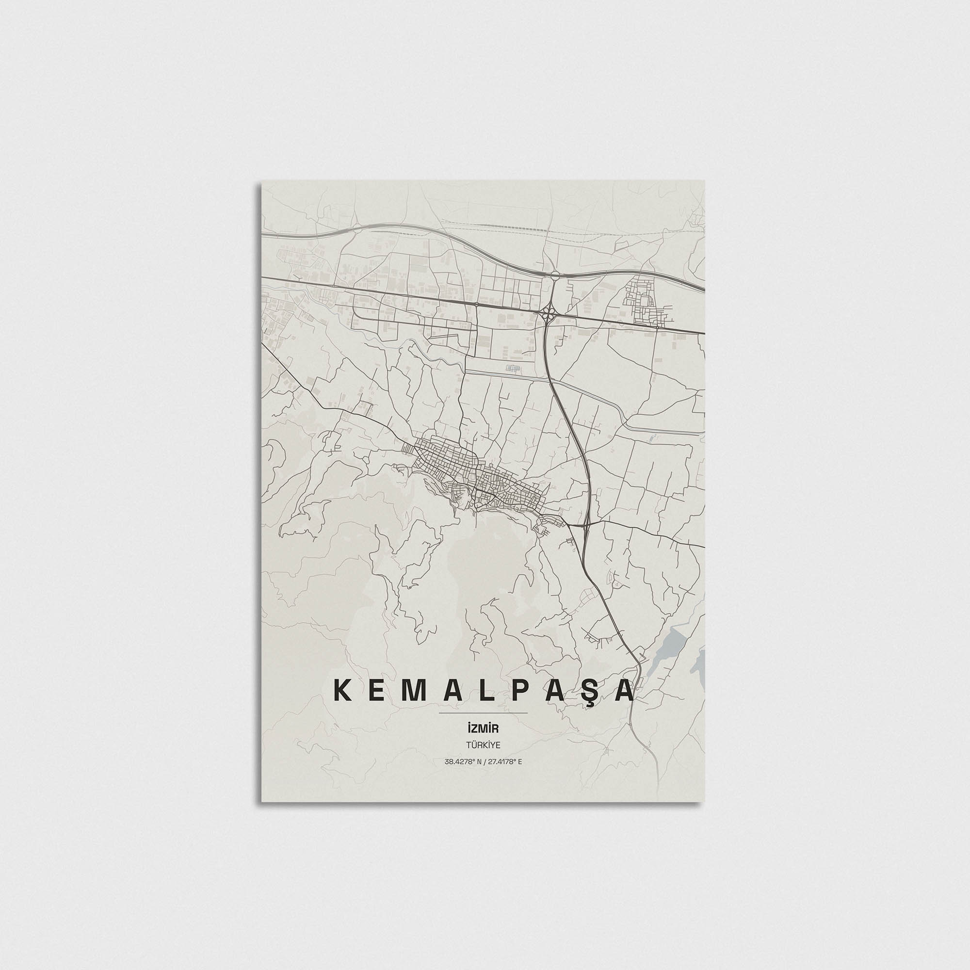 Kemalpaşa, İzmir haritası minimalist poster tasarımı, modern duvar dekorasyonu.