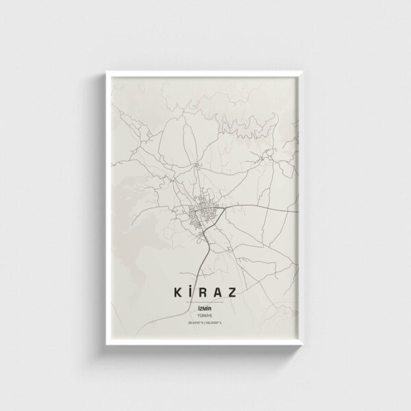 Beyaz çerçeveli İzmir Kiraz haritası posteri, minimalist dekoratif duvar tablosu tasarımı.