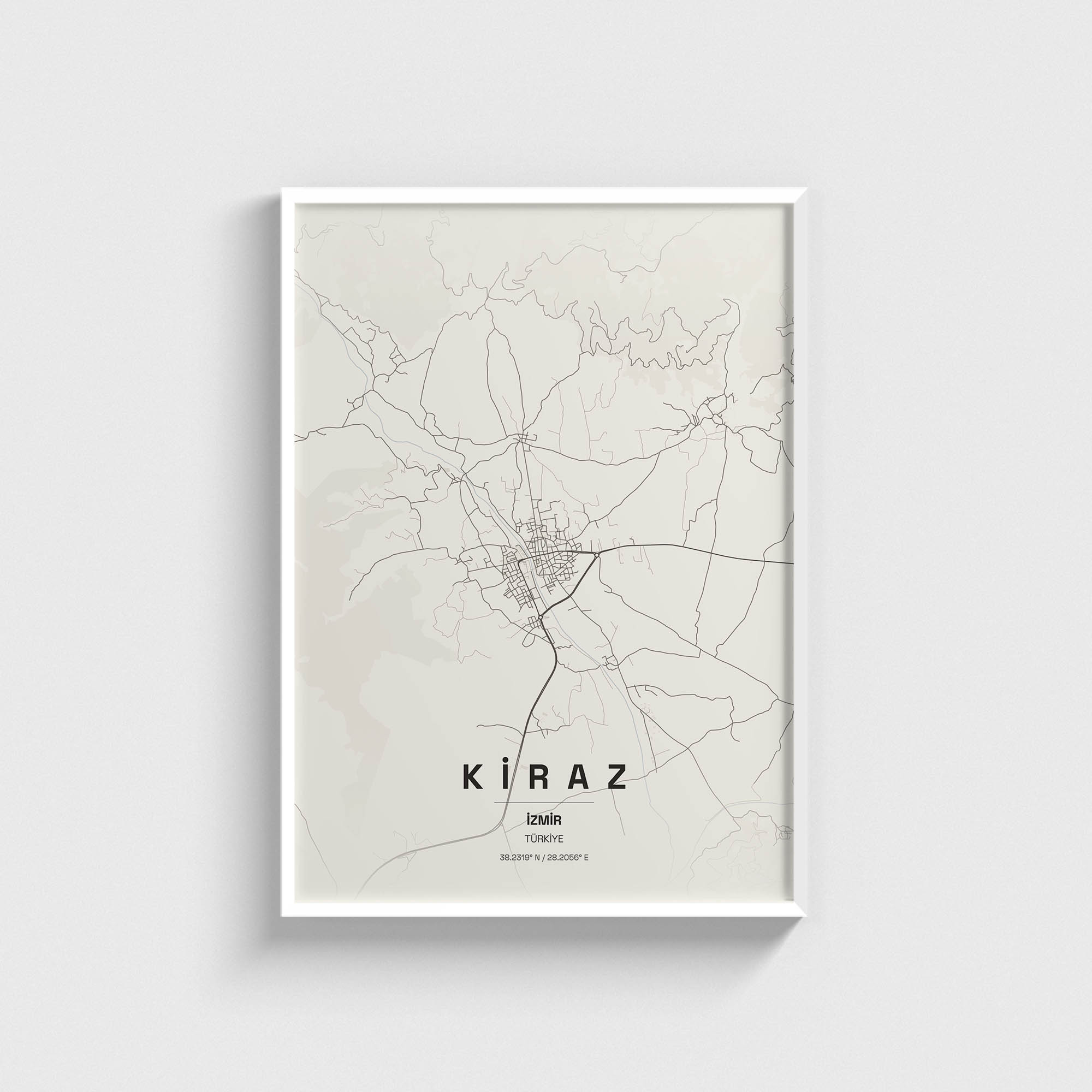 Beyaz çerçeveli İzmir Kiraz haritası posteri, minimalist dekoratif duvar tablosu tasarımı.