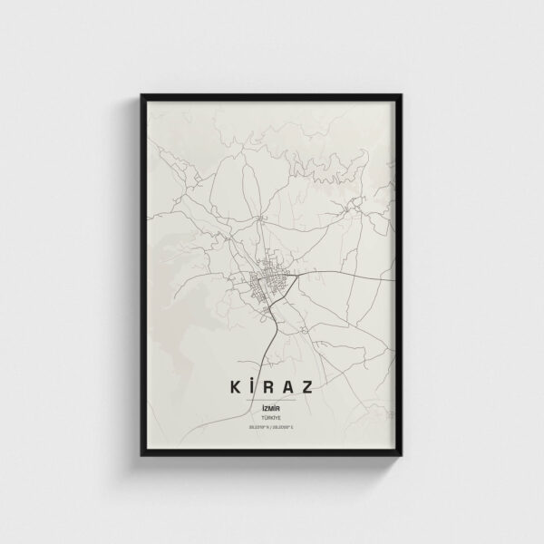 Siyah çerçeveli Kiraz İzmir şehir haritası posteri, minimalist duvar dekorasyonu.