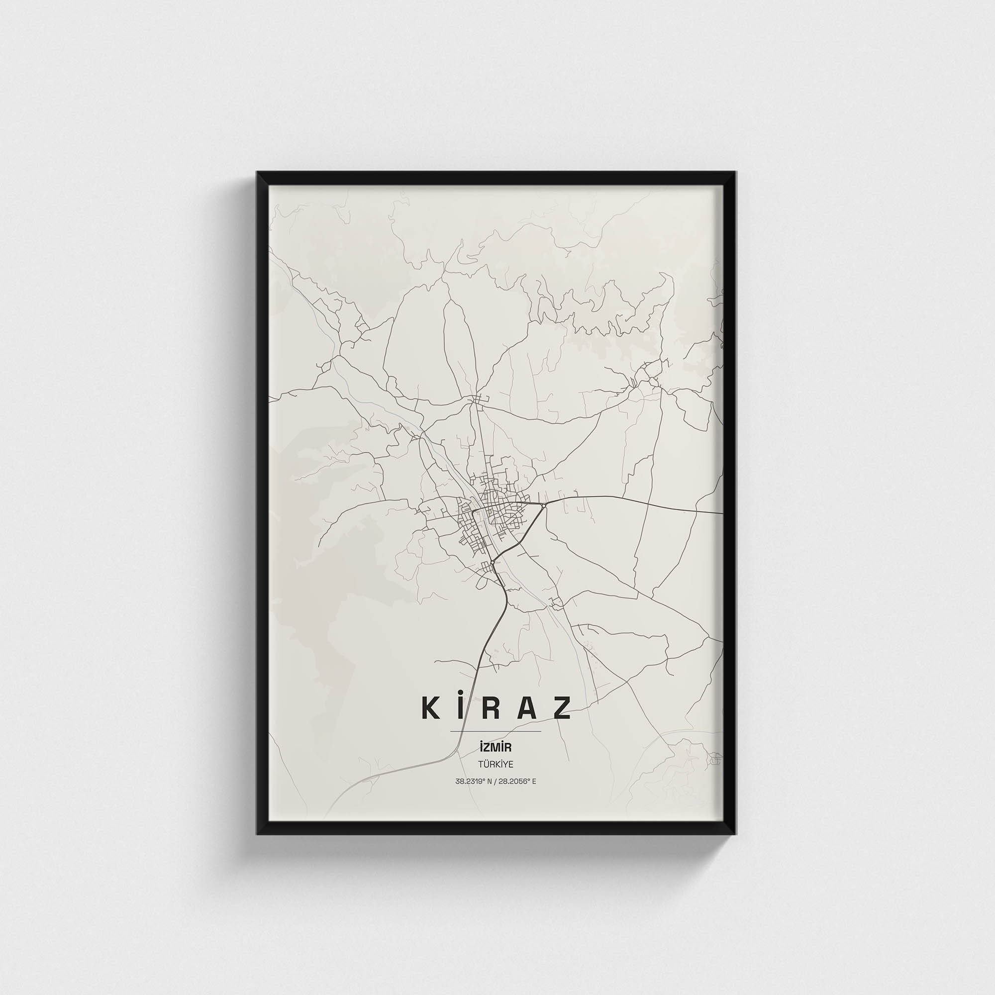 Siyah çerçeveli Kiraz İzmir şehir haritası posteri, minimalist duvar dekorasyonu.