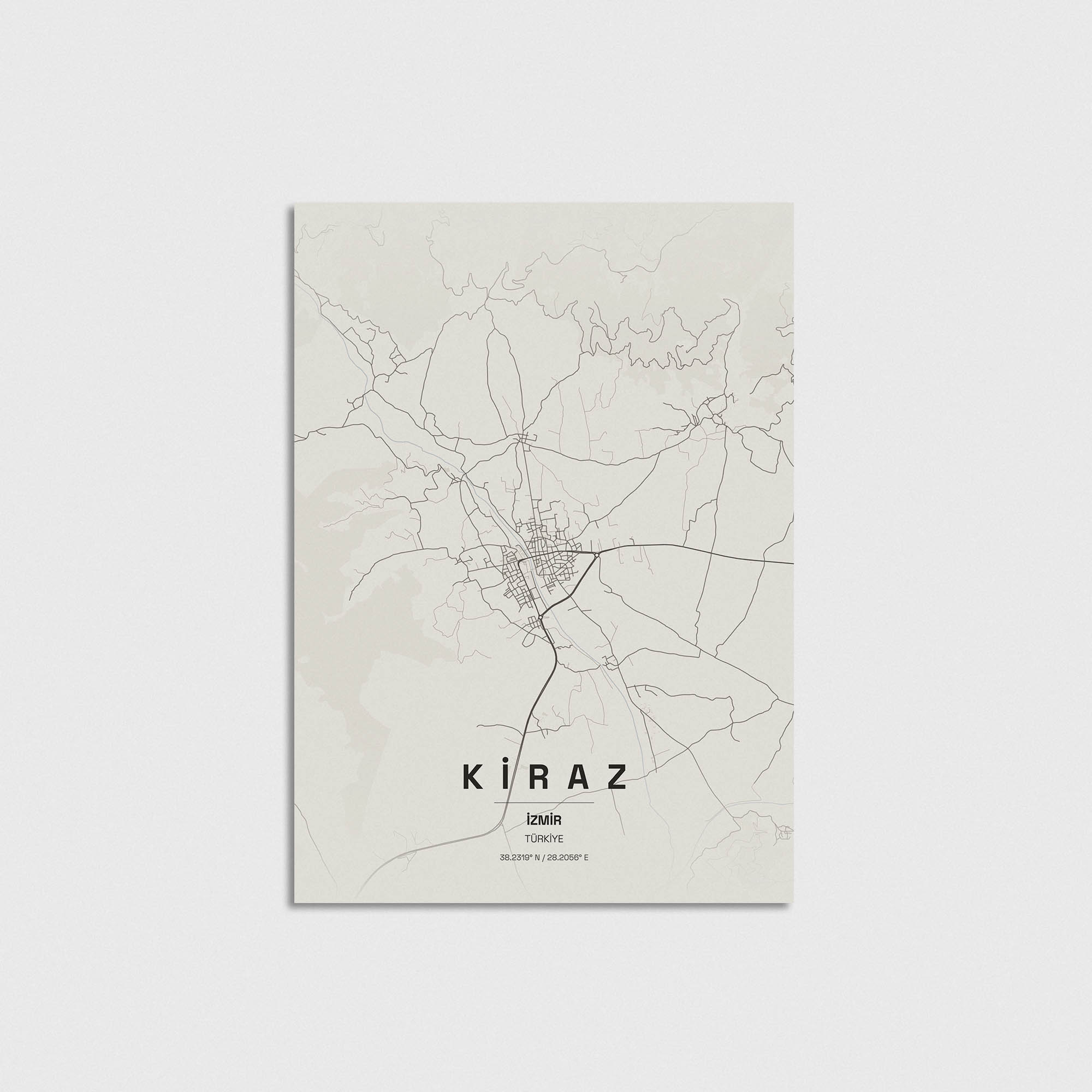 İzmir Kiraz ilçesi minimalist şehir haritası posteri, modern duvar dekorasyonu için şık tasarım.